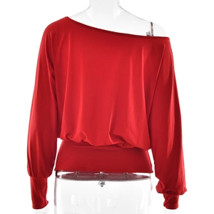 Detailed back view of red one-shoulder long sleeve shirt with ruched waist and slim fit