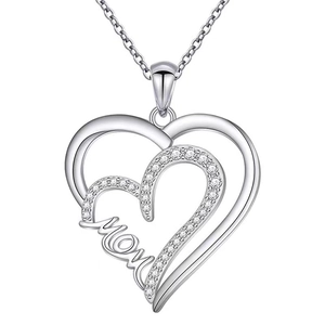 Silver double heart mom necklace with sparkling crystals and engraving for mothers