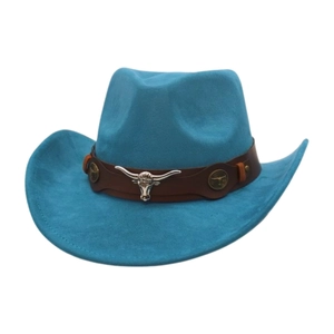 Close-up detail of a bright blue suede cowboy hat featuring a silver bull head metal ornament
