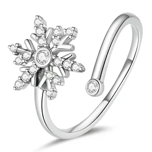 Elegant 925 sterling silver snowflake open ring featuring sparkling cubic zirconia stones