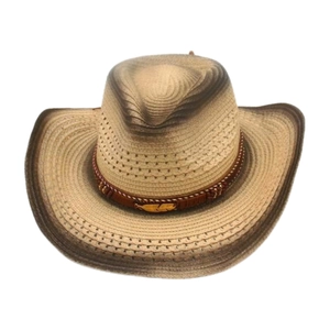 Detail of bohemian straw cowboy hat featuring gradient weave and golden feather ornament
