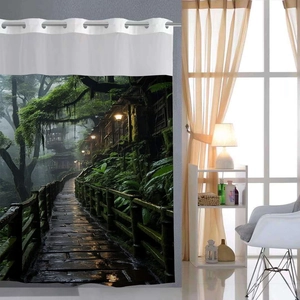 Detail view of waffle fabric forest curtain showing wood walkway and metal grommets