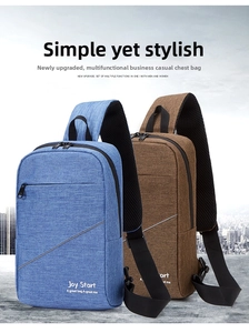 Detail von robusten Business-Brusttaschen in Blau und Braun mit Reflektorstreifen und Netzgurt