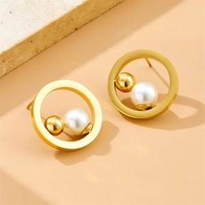 Minimalist geometric hollow gold earrings with white pearl and gold bead accents