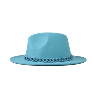 Classic bright blue fedora wool hat with matching chain link band for men and women