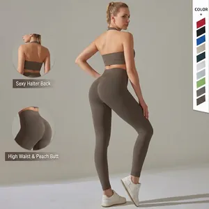 Women Yoga Outfits Seamless Ribbed Halter Sports Bra And High Waist Leggings Workout Gym Fitness Training Butt Lift
