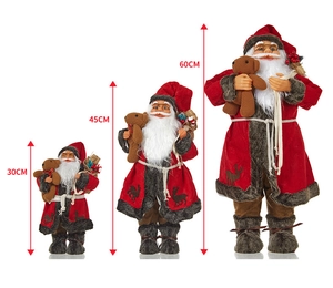 Three sizes of Santa Claus dolls in 30cm, 45cm, 60cm heights holding small teddy bears