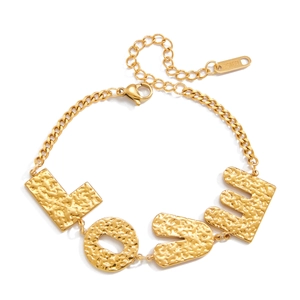 Golden stainless steel LOVE charm bracelet with textured hammered finish Cuban chain