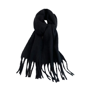 Thick black mohair scarf with tassels, soft textured winter shawl on white background