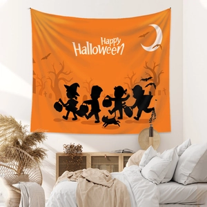 Detail of Happy Halloween tapestry in bedroom setting with silhouette art decoration