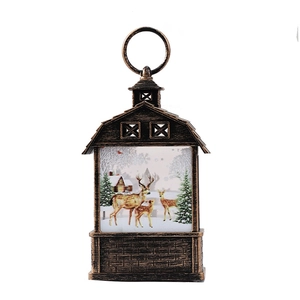 Bronze Christmas lantern with reindeer scene and hanging ring on a white background