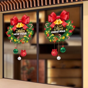 Festive Christmas and New Year glass stickers with red bows, wreaths and golden bells
