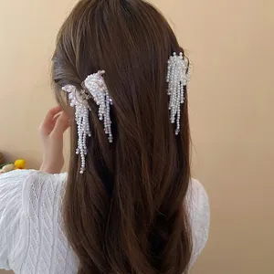 Artificial Pearl Tassel Hair Claw Clip Elegant Drooping French Style Handmade Shark Accessory For Women