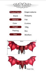 Detail view of 95x45cm red felt dragon wings with dimensions and strap specifications
