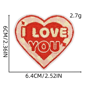 Detailed view of red heart embroidery patch with I LOVE YOU text and dimensions