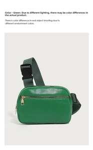 Detailed view of green adjustable waist bag featuring gold zippers and premium texture