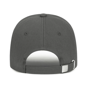 Adjustable dark gray cotton baseball cap with metal buckle and six-panel stitching