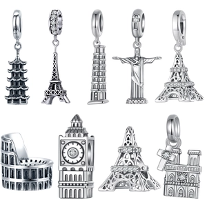 World Landmark Architecture 925 Sterling Silver Charm Bead With Zircon For DIY Jewelry Making Travel Theme
