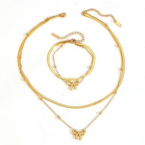 Ensemble collier et bracelet double couche en acier doré avec pendentifs nœud papillon