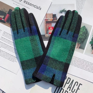 Winter plaid touch screen gloves in green and blue wool blend with stylish wrist slit detail