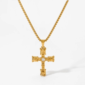 Luxury gold-plated 3D cross pendant necklace featuring a central zircon and box chain