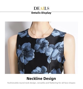 Detail of round neckline and sleeveless shoulders on blue floral jacquard dress