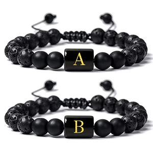 Bracelet Initial En Pierre De Lave Perles Mattes Lettre Or Corde Tressée Ajustable Bijoux Unisexe