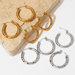 Chunky stainless steel hoop earrings with multi-color gemstone inlay in gold and silver