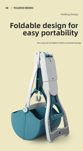 Detail showing the foldable design of this blue pet pooper scooper for compact storage