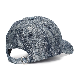 Blue and white gradient denim baseball cap with adjustable metal buckle and shiny silk fabric