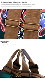 Detail of adjustable woven shoulder straps and metallic hardware on ethnic print backpack
