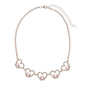 Luxury silver necklace featuring hollow heart links with pink zircons and sparkling crystals
