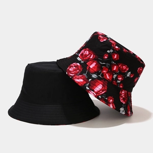 Vintage Rose Floral Print Bucket Hat Cotton Reversible Sun Protection Wide Brim Fisherman Cap For Women Men