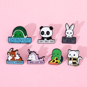 Detailed view of 7 cute cartoon enamel pins with animals and funny English quotes