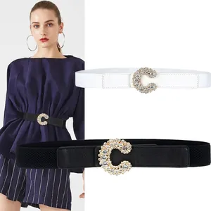 Women Elastic Waist Belt Rhinestone C-Shaped Buckle Faux Leather Waist Cincher For Dress Coat Shiny Decorative Girdle