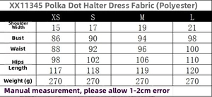 Detailed size chart for the polka dot halter neck dress showing specific measurements