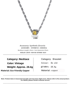 Detail showing the specifications of vintage hollow square necklace with yellow zircon