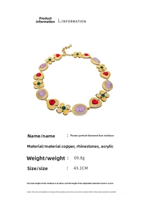 Macro detail of vintage floral cameo necklace with heart rhinestones and weight specs