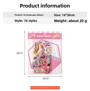 Detail specifications of 3D Baking House miniature scene stickers with size and weight info