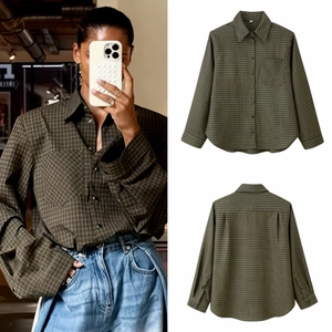 Women Long Sleeve Plaid Shirt Retro Lapel Button Down Blouse Casual Loose Tops With Chest Pocket
