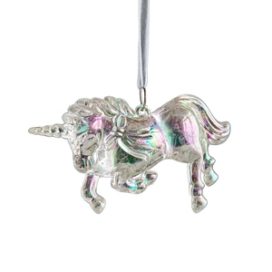 Iridescent acrylic unicorn Christmas tree ornament with colorful prism finish and silver cord