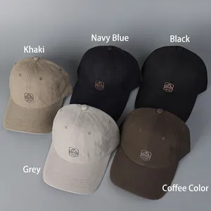 Unisex baseball caps set in khaki, navy, black, gray, and brown with retro logo patch