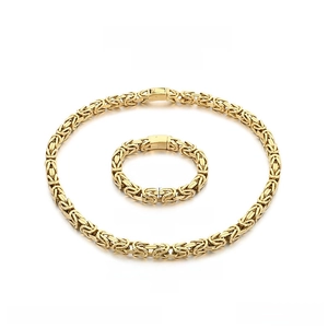 Detail of gold Byzantine style stainless steel necklace and bracelet set with dimensions