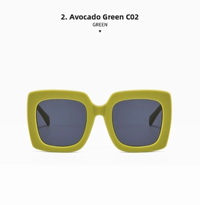 Detail view of avocado green oversized square sunglasses with dark grey lenses