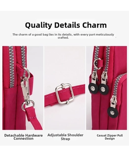 Detail of rose pink nylon phone bag with adjustable strap and metal hardware