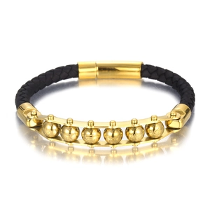 Bracciale in pelle intrecciata con sei grani mantra in acciaio inossidabile dorato