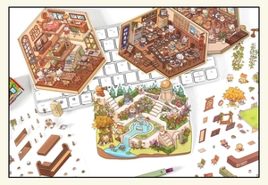 Detail shot of 3D miniature house stickers with cute indoor scenes on a laptop keyboard