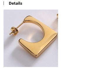 Close-up of geometric C-shaped stud earrings in polished 18k gold plated stainless steel