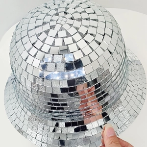 Silver disco ball bucket hat with mirror tile patches for party fashion styling