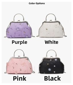 Close-up of four vintage embroidery handbags in purple, white, pink and black colors